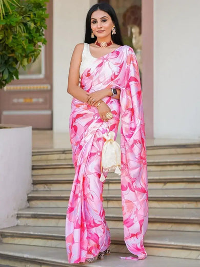 Pink Shaded Printed Satin Silk Saree With Readymade Lucknowi Blouse